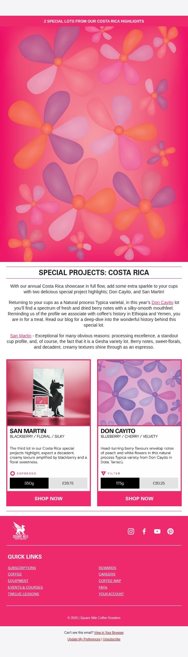 New Special Releases! email from Square Mile Coffee Roasters screenshot