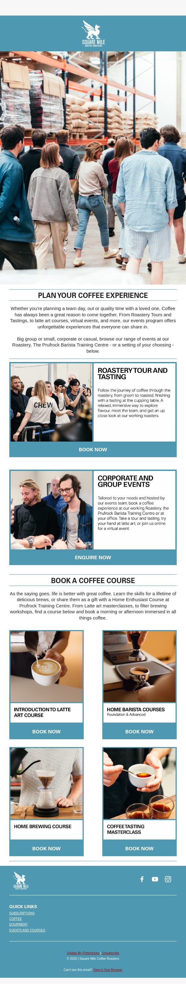 Book the Next Stop on Your Coffee Journey email from Square Mile Coffee Roasters screenshot