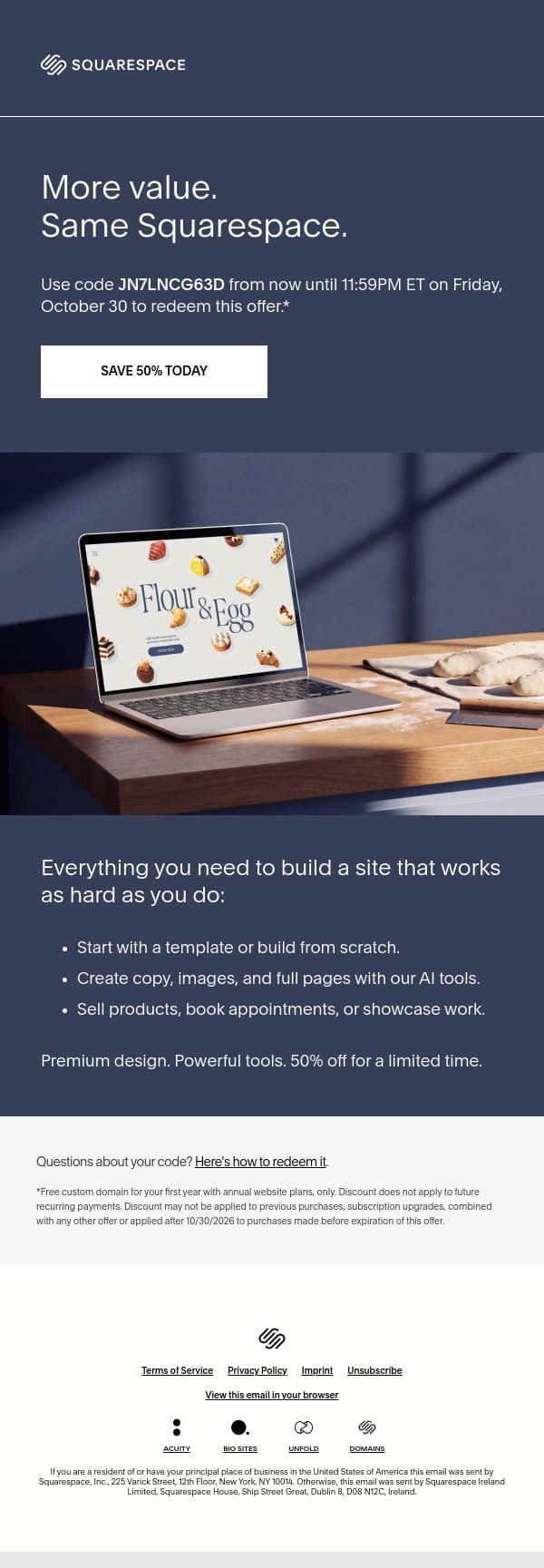 Save 50% on the website you've been putting off. email from Squarespace screenshot