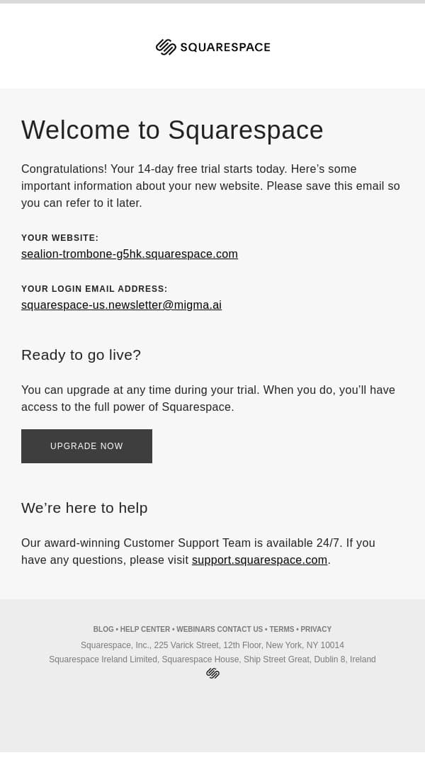 Welcome to Squarespace email from Squarespace screenshot