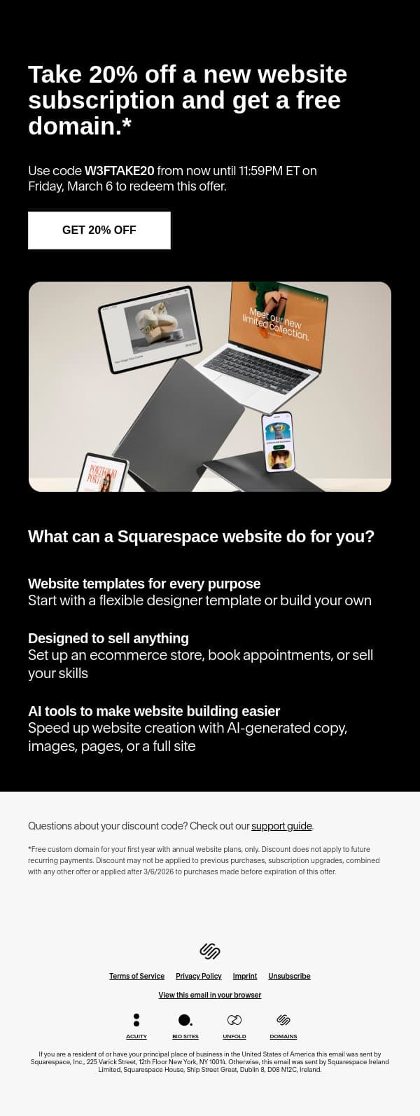 20% off ends today email from Squarespace screenshot
