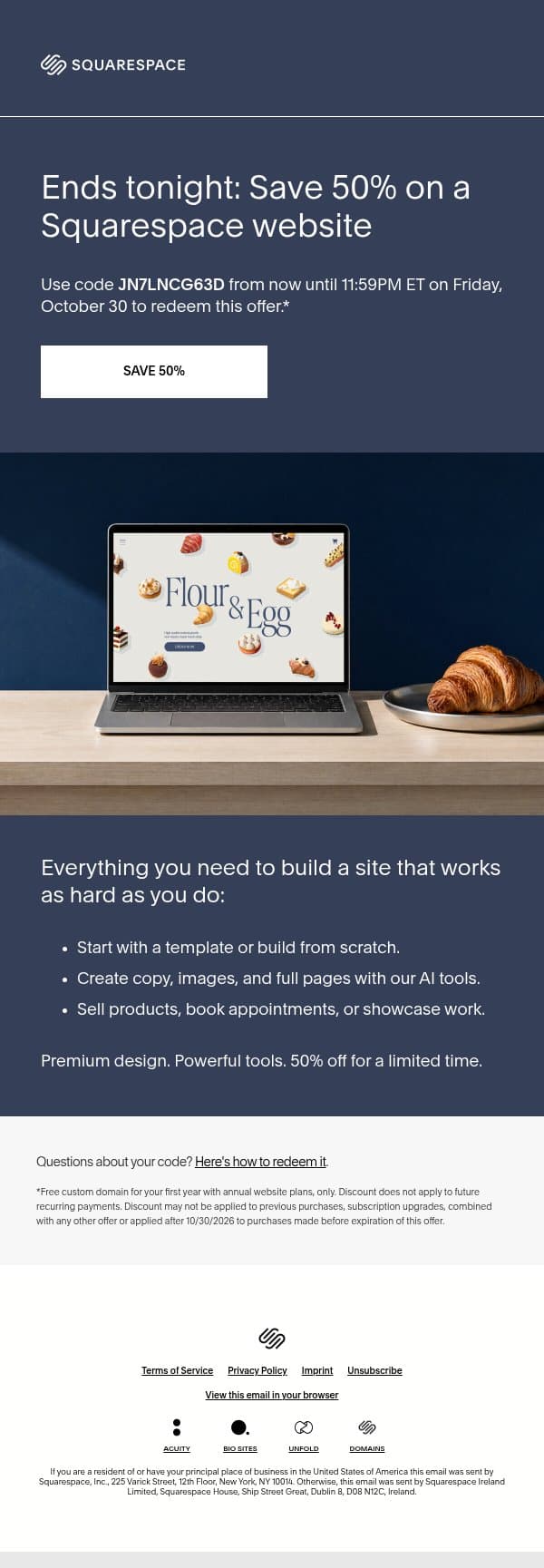 Last chance to save 50% email from Squarespace screenshot