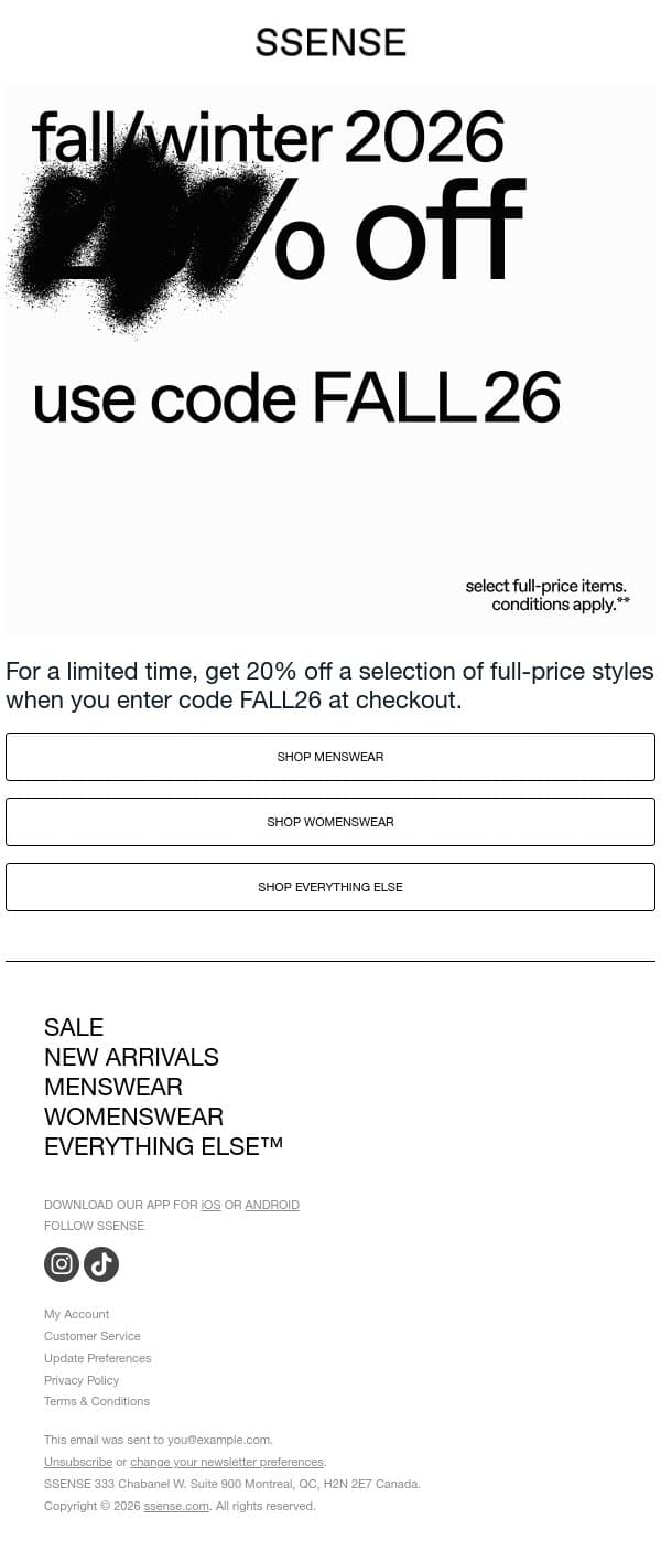 Take 20% Off Full-Priced Styles email from SSENSE screenshot
