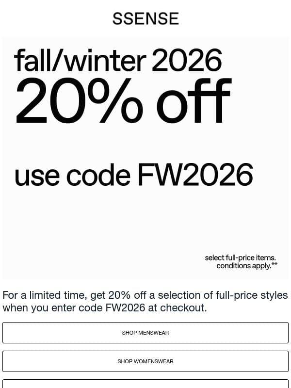 Claim Your 20% Off Now email from SSENSE