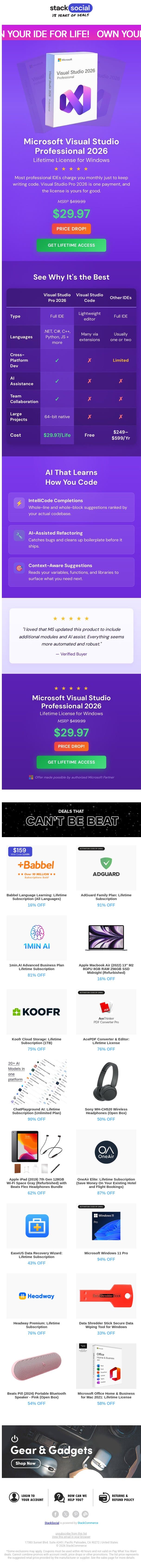 Own Visual Studio Professional 2026 Forever for $29.97 email from StackSocial screenshot
