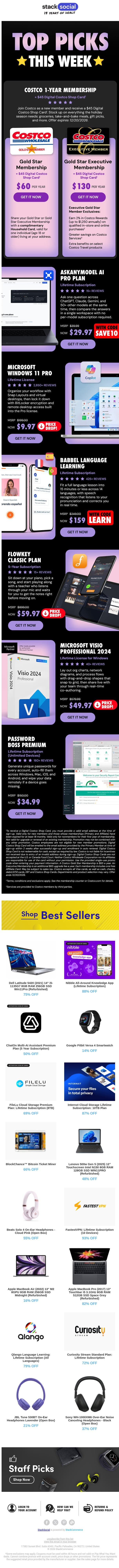 Costco | Windows 11 Pro | Babbel | Visio | Password Boss email from StackSocial screenshot