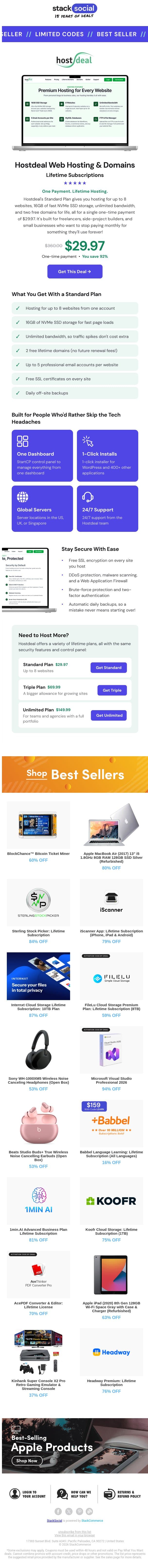 $360 Web Hosting Plan, Now $29.97 for Life! email from StackSocial screenshot