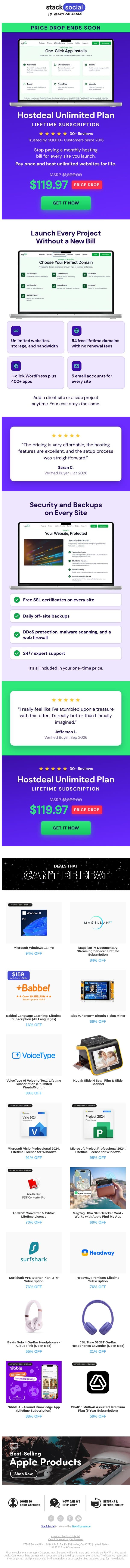Unlimited Web Hosting Deal Ends 11/1 email from StackSocial screenshot