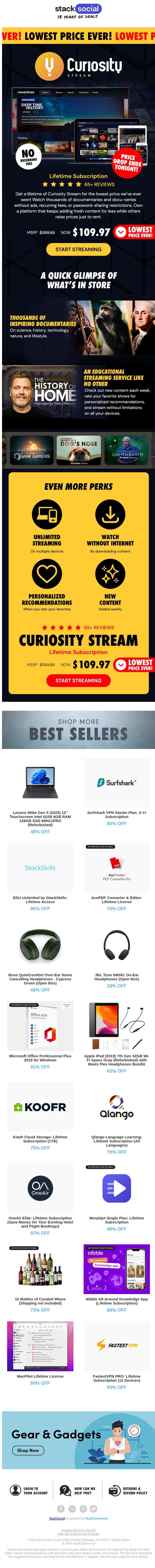Time to Ditch Netflix — Curiosity Stream is $110 for LIFE! email from StackSocial screenshot
