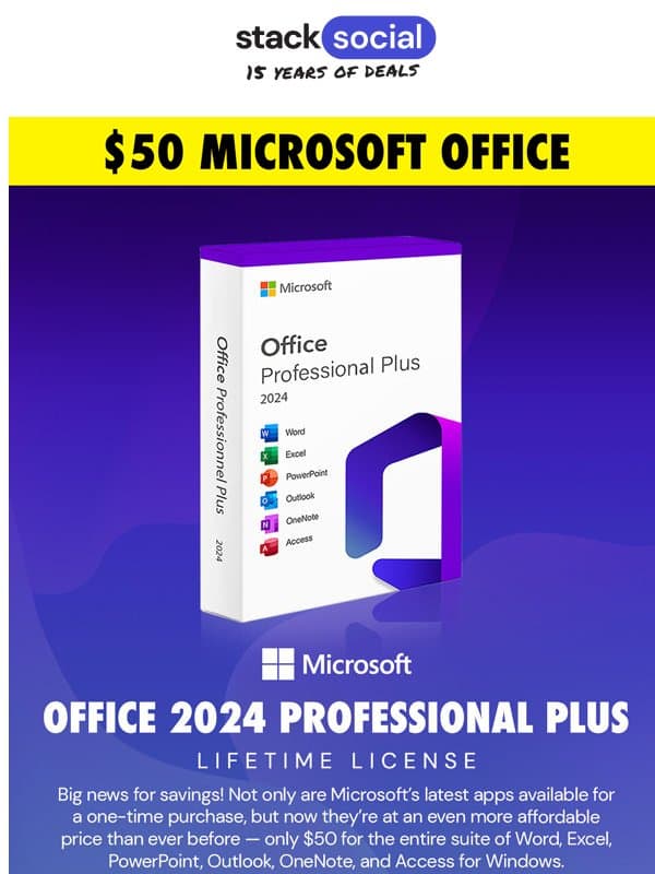 Microsoft Office 2024 Pro Plus, Now $50 for LIFE! ⭐ email from StackSocial