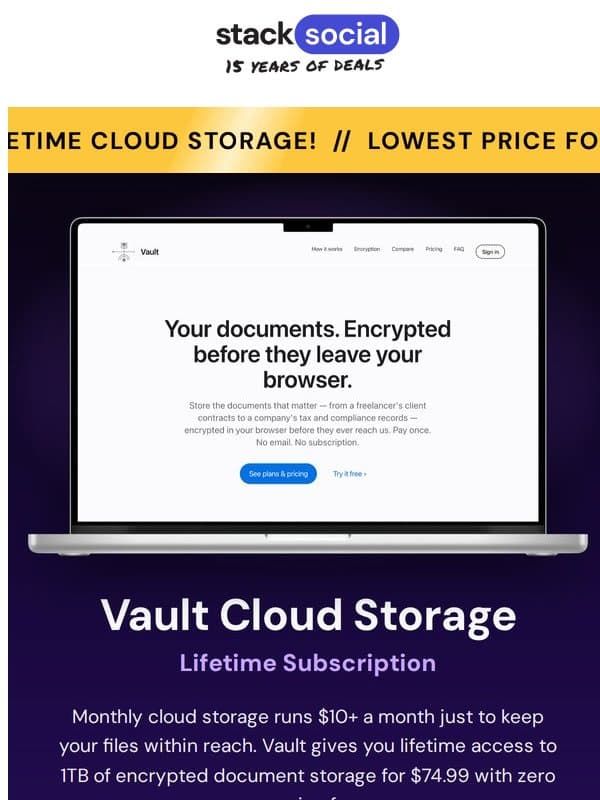 Lowest Price for 1TB Cloud Storage, $75 for Life! email from StackSocial