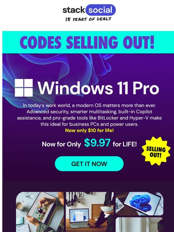 Windows 11 Pro: $9.97 ⭐ SELLING FAST! email from StackSocial