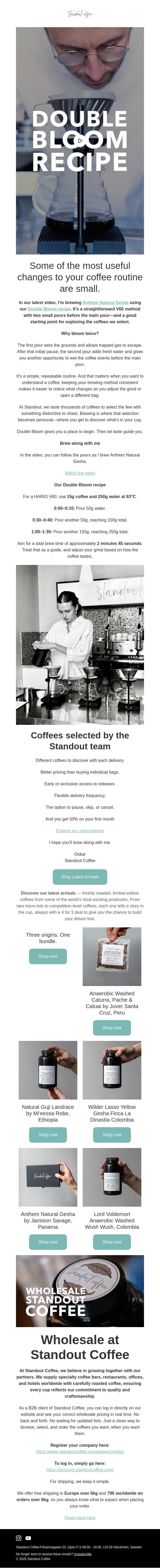 Two blooms. One simple brewing routine. email from Standout Coffee screenshot
