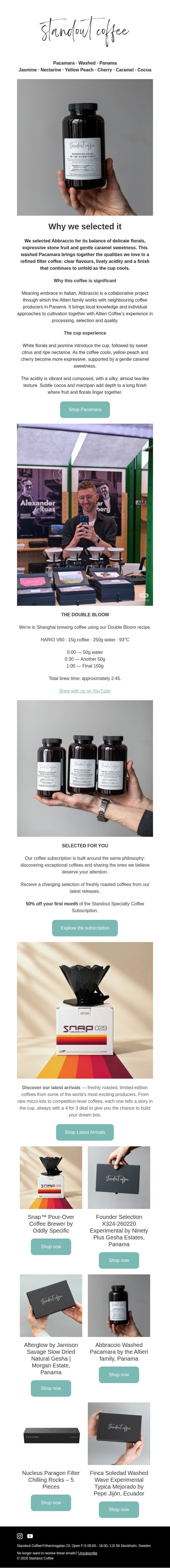 A washed Pacamara from Panama email from Standout Coffee screenshot