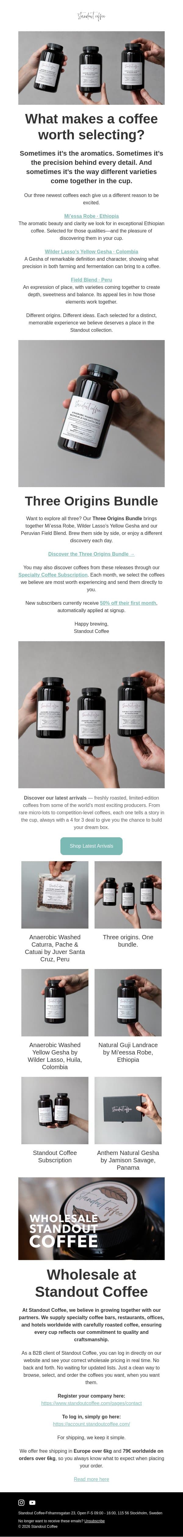 Three reasons to explore. One Bundle. email from Standout Coffee screenshot