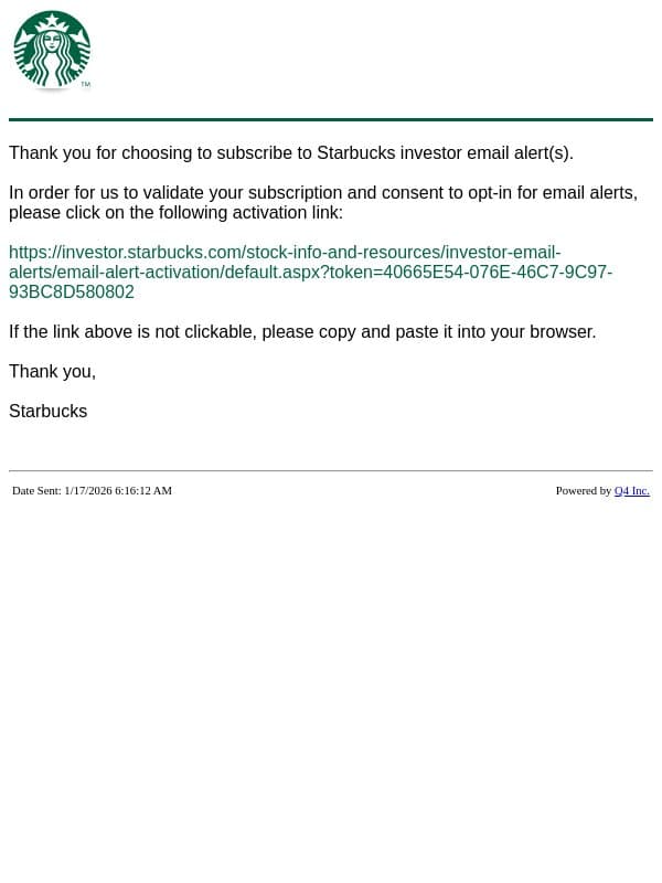 Starbucks Website - Validate Account email from Starbucks screenshot
