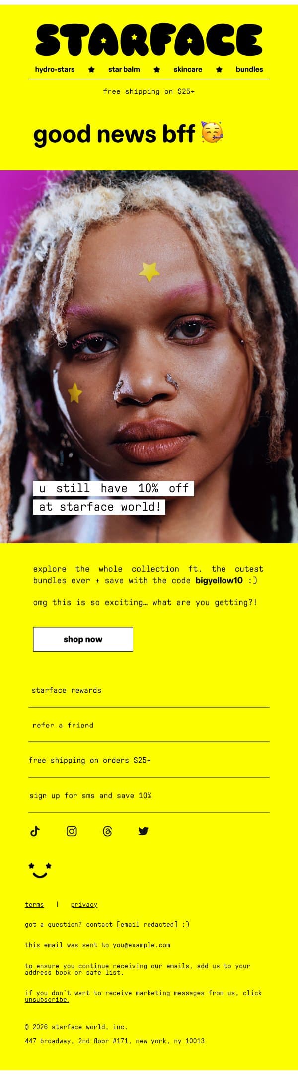 btw :) here’s ur code 💛 email from Starface screenshot