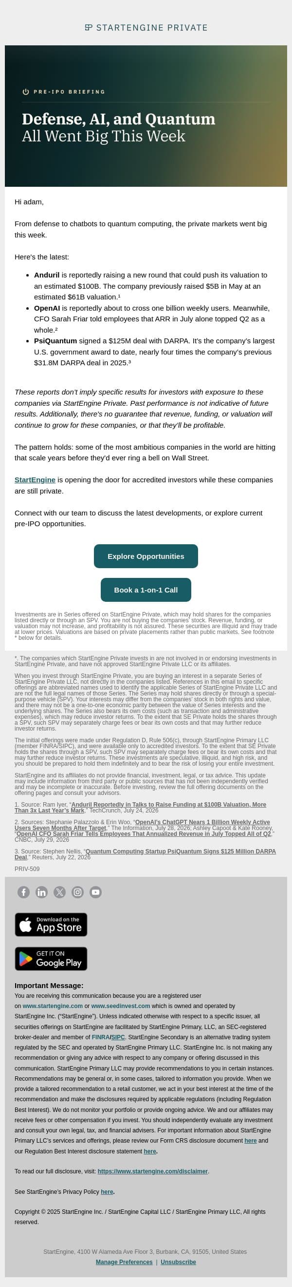 Defense, AI, and Quantum All Went Big This Week email from StartEngine screenshot