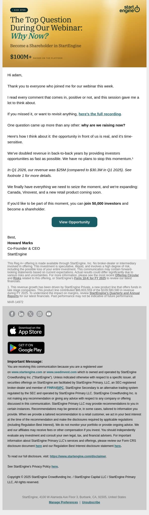 The Top Question During Our Webinar: Why Now? email from StartEngine screenshot