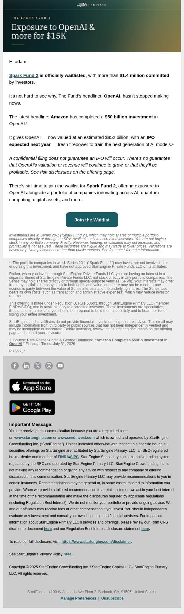 Amazon Just Completed a $50B Investment in OpenAI email from StartEngine screenshot