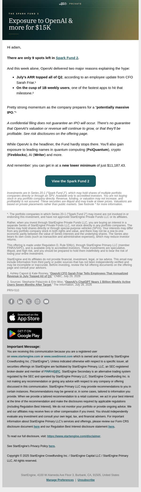 9 Spots Left for Exposure to OpenAI at Our Lowest Minimum email from StartEngine screenshot