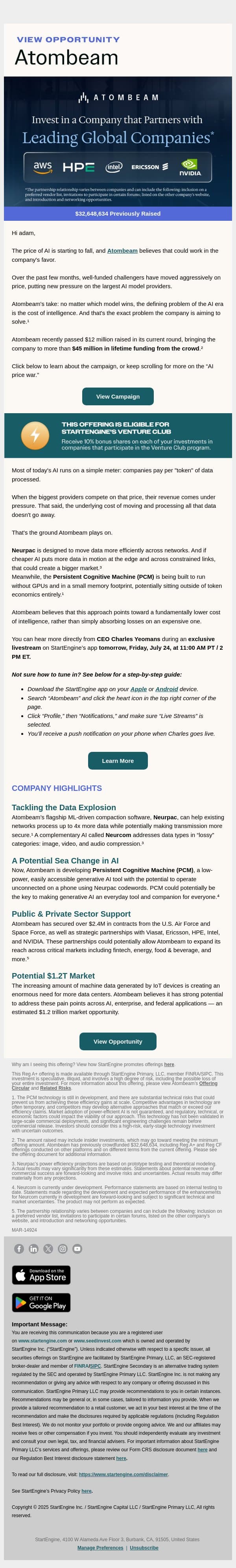 Why the “AI Price War” Could Help Atombeam email from StartEngine screenshot