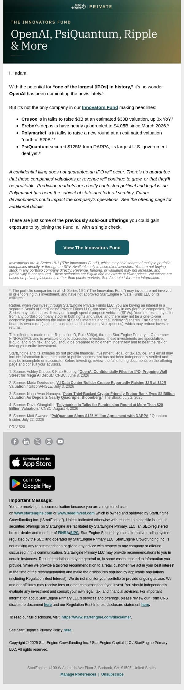 Innovators Fund: The Pre-IPO Names You Keep Reading About email from StartEngine screenshot