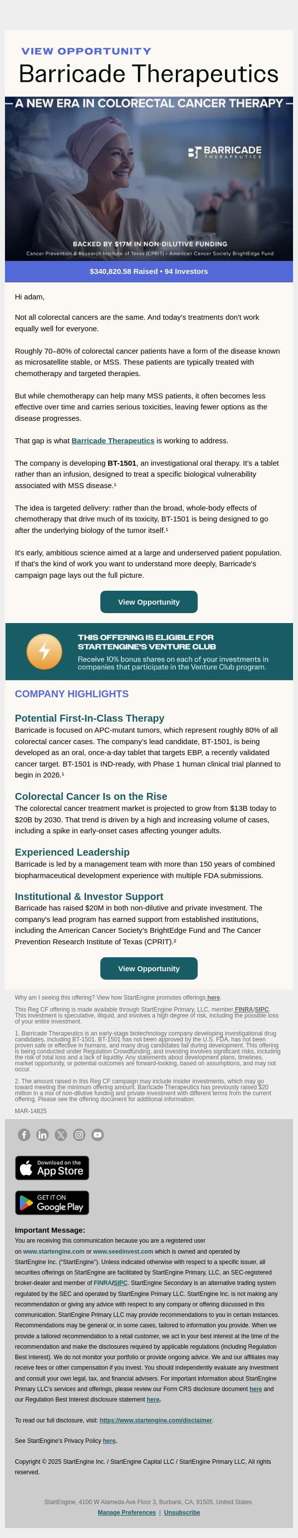 A Different Approach to the Most Common Colorectal Cancer email from StartEngine screenshot