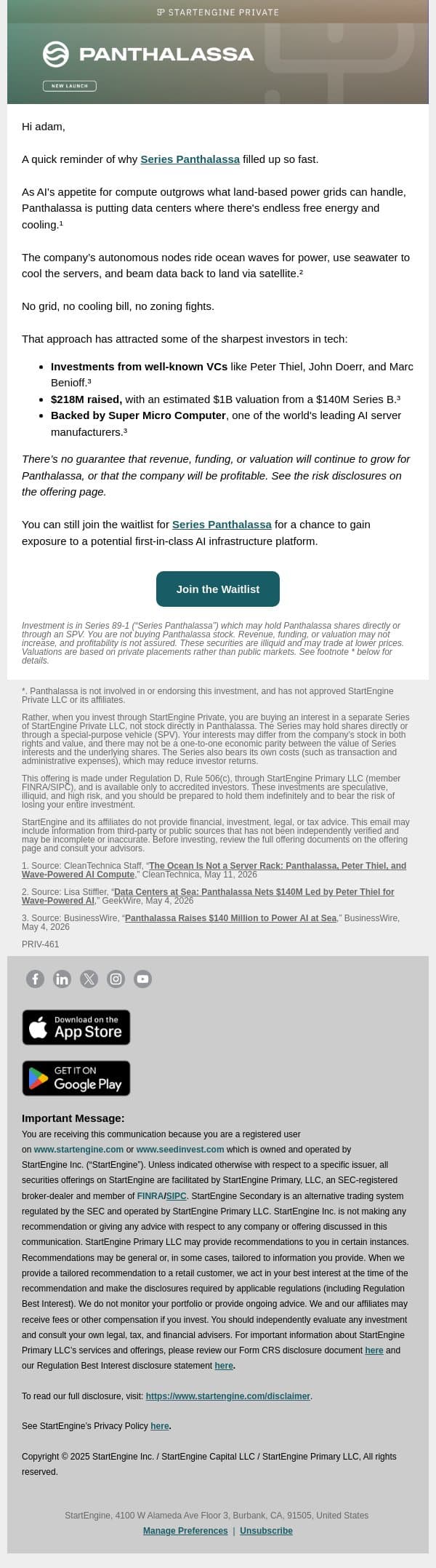 Why Series Panthalassa Filled Up So Fast email from StartEngine screenshot