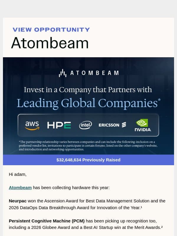 Atombeam’s Trophy Shelf Is Filling Up email from StartEngine