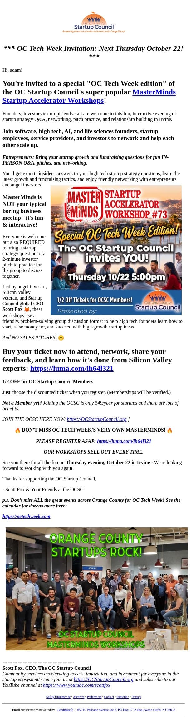 Invitation: OCTW MasterMinds Startup Accelerator Workshop #73! email from StartupEvents.org screenshot