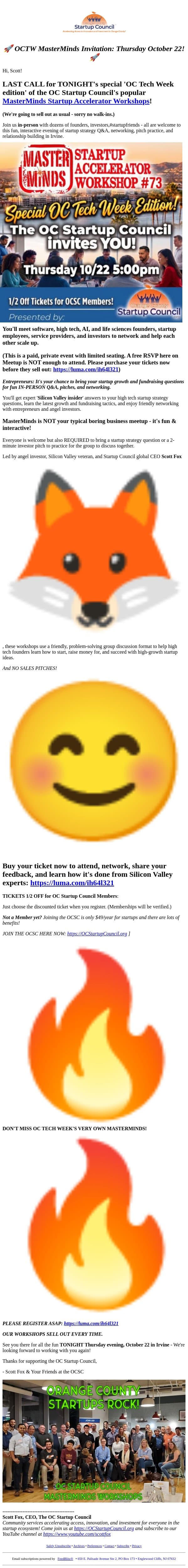 🚀 LAST CALL: Tonight's OCTW MasterMinds Startup Accelerator Workshop #73! 🚀 email from StartupEvents.org screenshot