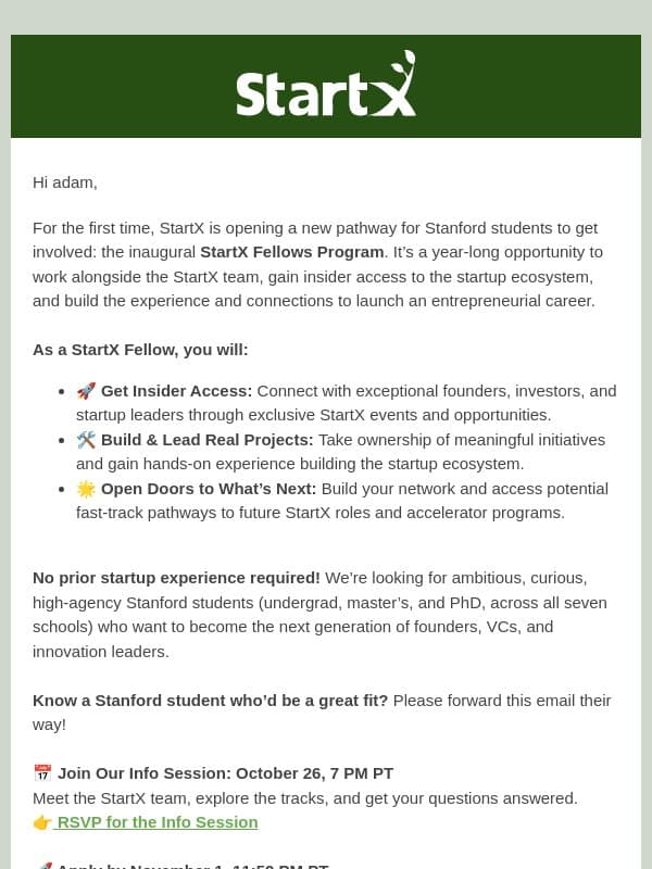 StartX Fellows Applications NOW OPEN | Your Launchpad into Startups & VC email from StartX