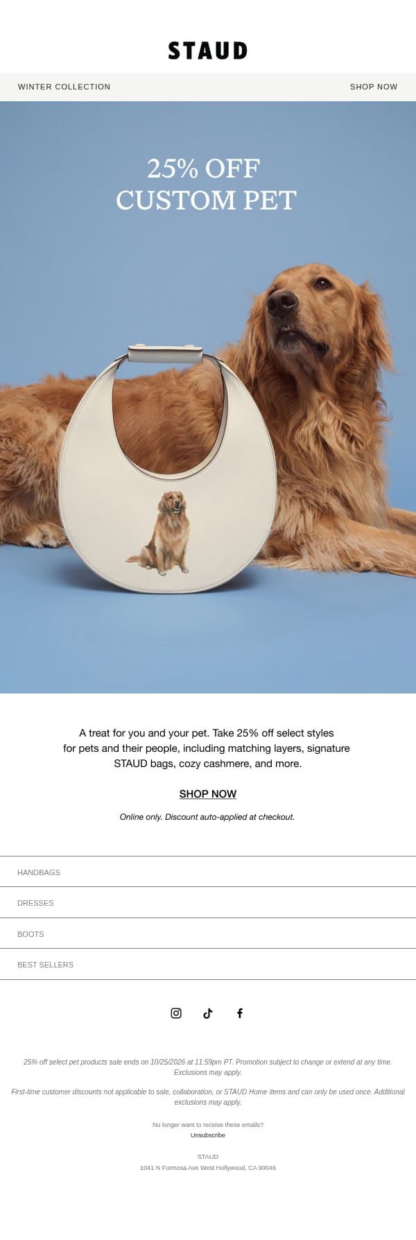 25% OFF THE CUSTOM PET EDIT email from Staud screenshot