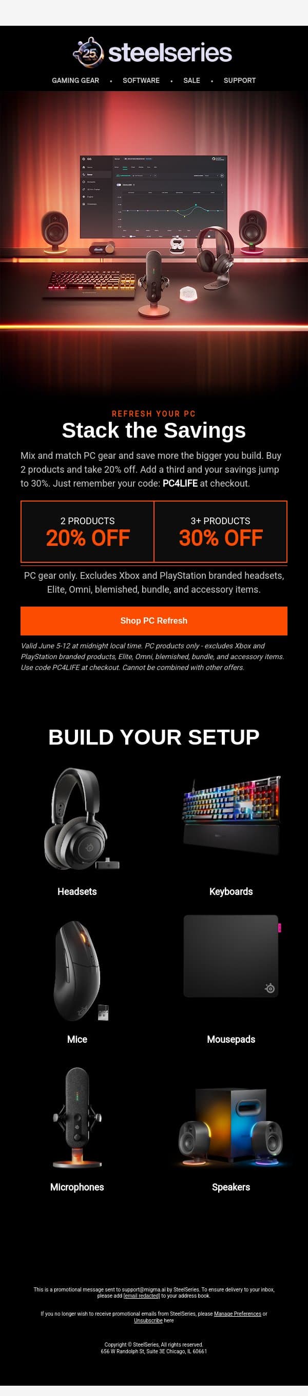 Two products: 20% off. Three: 30% off. Do the math. email from SteelSeries screenshot
