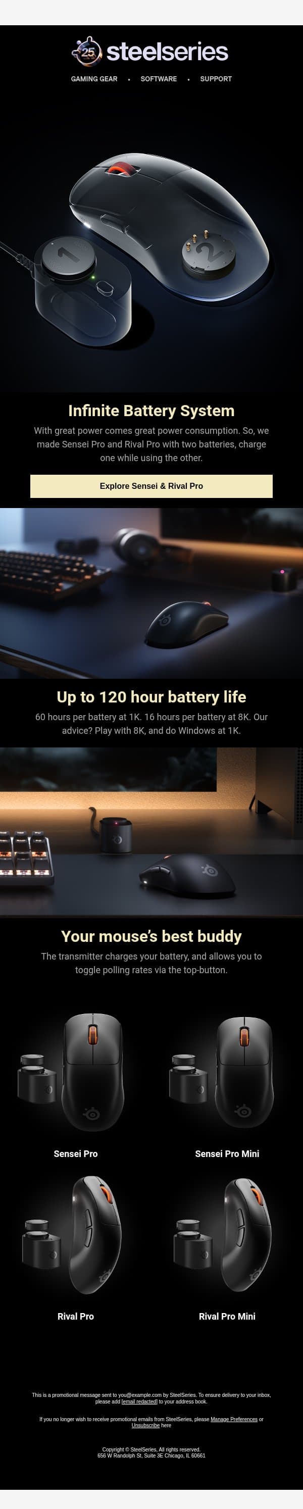 Infinite Battery. Infinite Gaming. Sensei Pro & Rival Pro email from SteelSeries screenshot