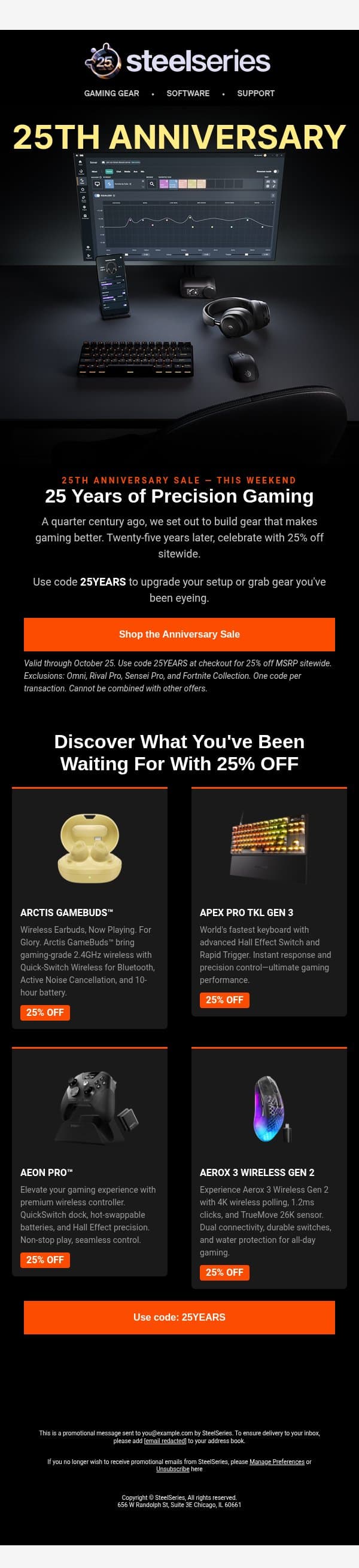 A Quarter Century of Gaming: 25% Off Sitewide email from SteelSeries screenshot