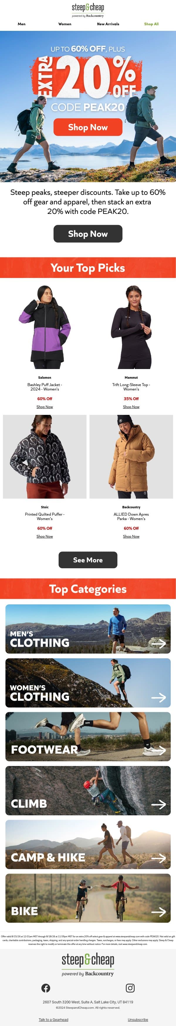 🏔️ Extra 20% off with code PEAK20 email from Steep and Cheap screenshot