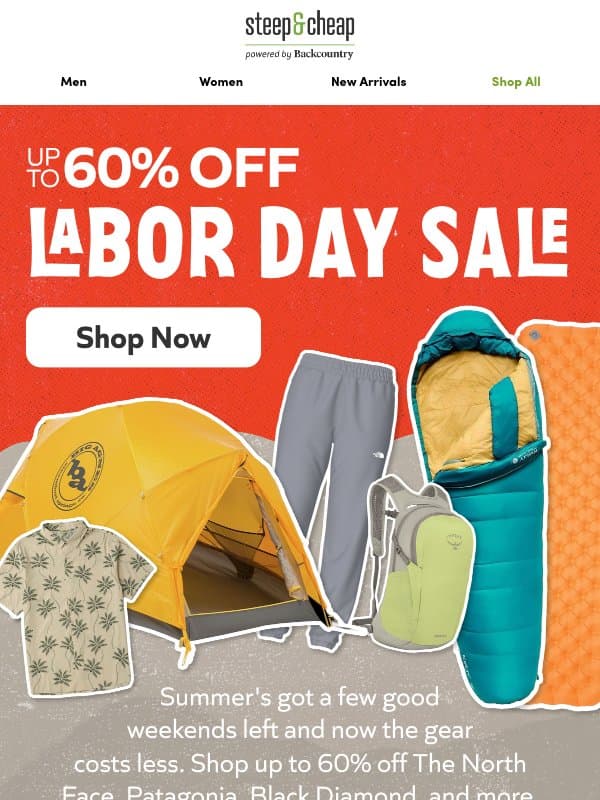 Labor Day Sale: up to 60% off email from Steep and Cheap