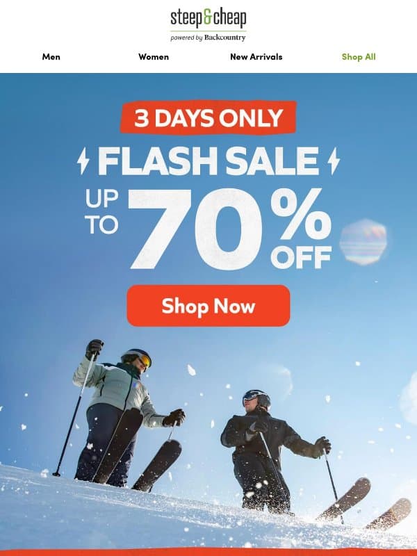 🚡 3 Day Flash Sale: up to 70% off email from Steep and Cheap