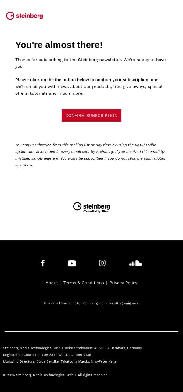 Please Confirm Your Email Address email from Steinberg screenshot