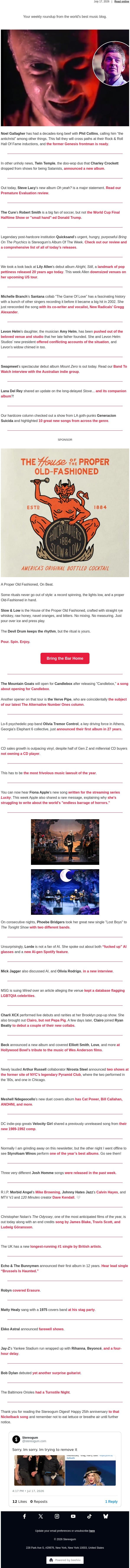 Something happened on the way to heaven email from Stereogum screenshot