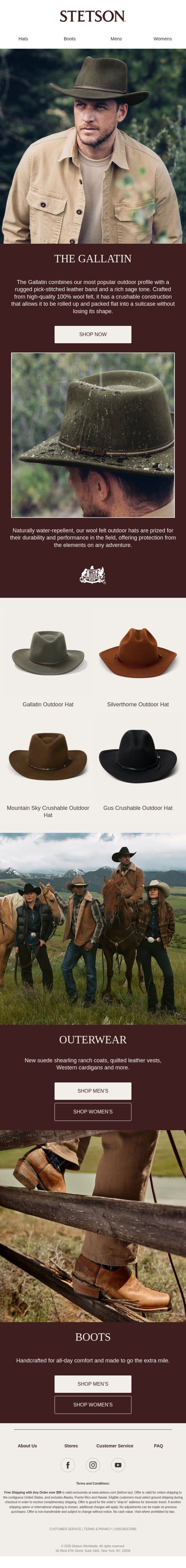 The Gallatin and More Outdoor Hats email from Stetson screenshot