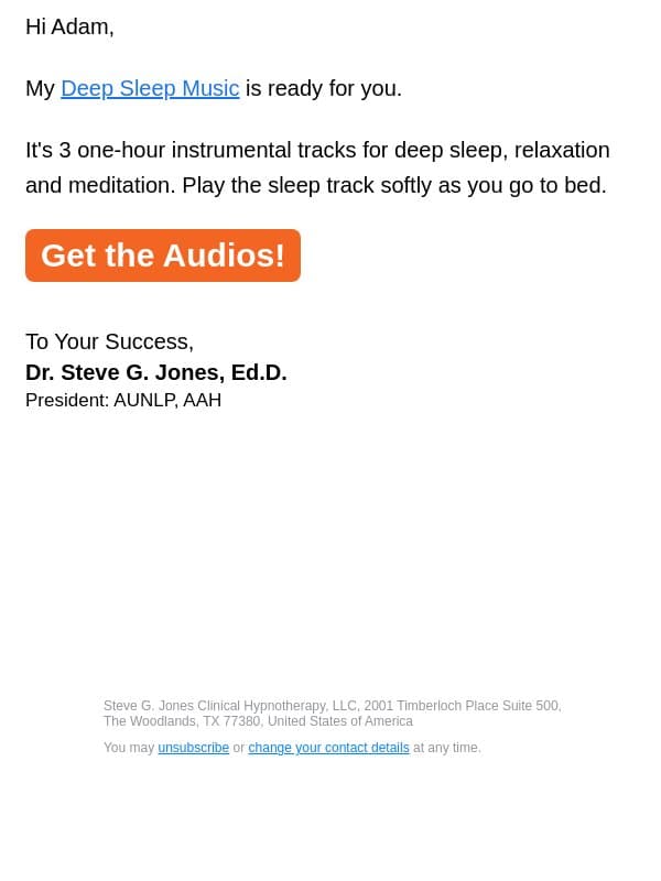 Deep Sleep Music email from Steve G. Jones screenshot