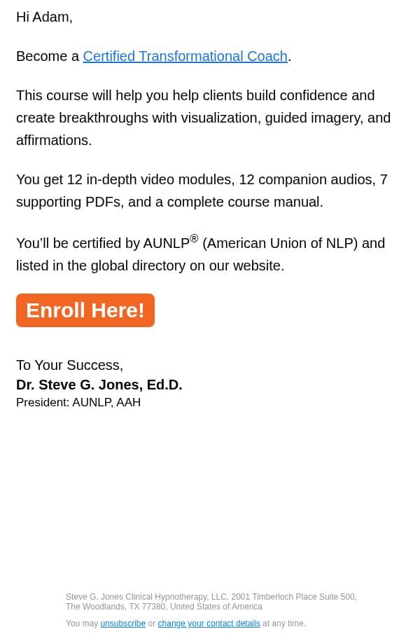 Be a transformational coach email from Steve G. Jones screenshot