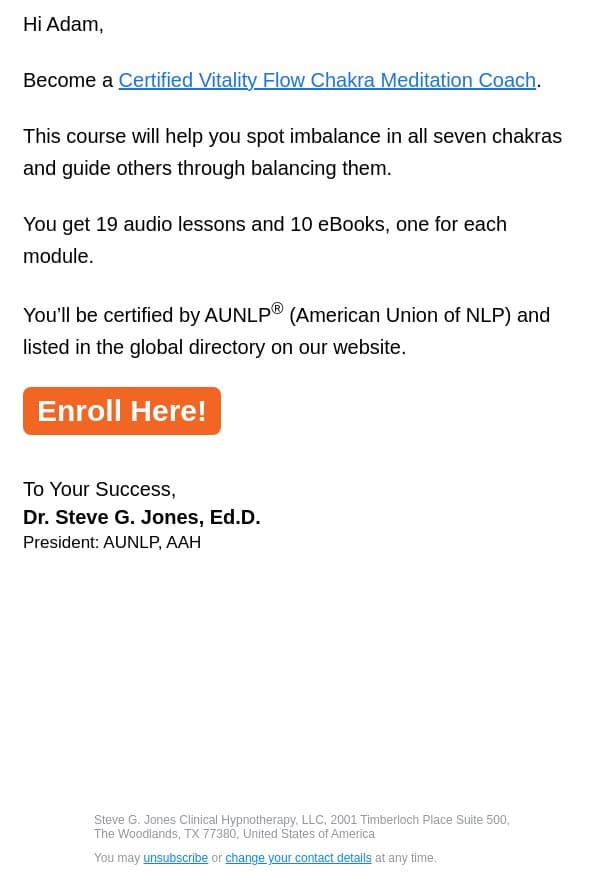Become a chakra coach email from Steve G. Jones screenshot