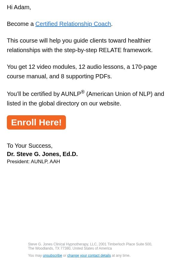 Become a relationship coach email from Steve G. Jones screenshot