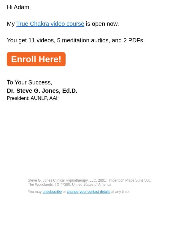 True Chakra course email from Steve G. Jones screenshot