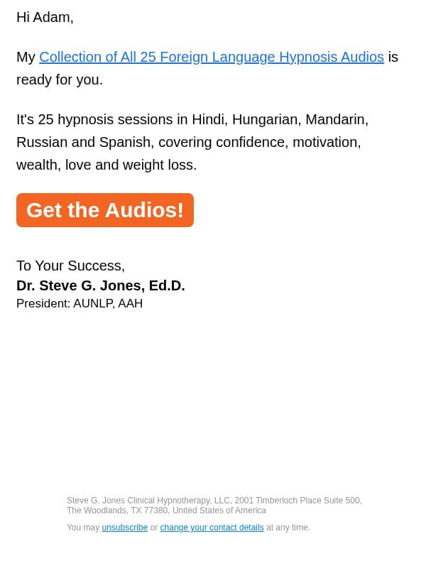 Hypnosis in 5 languages email from Steve G. Jones screenshot
