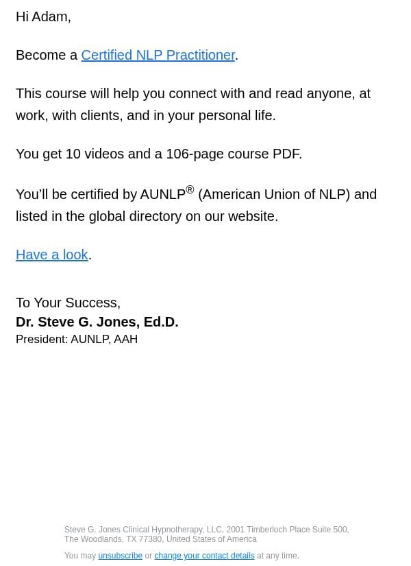 Become an NLP practitioner email from Steve G. Jones screenshot